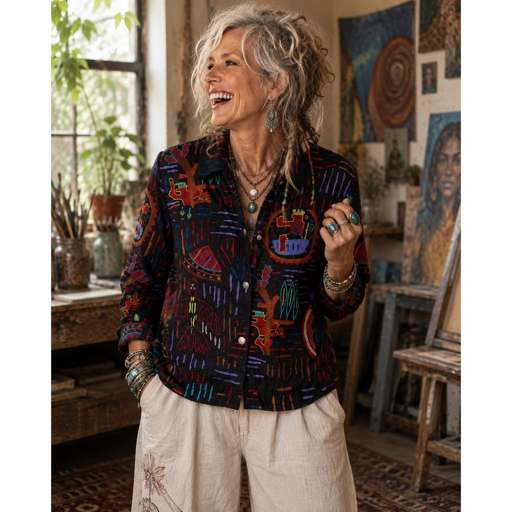 Vintage 90's Chicos Silk Embroidered Jacket shirt southwestern Folkart 1 med